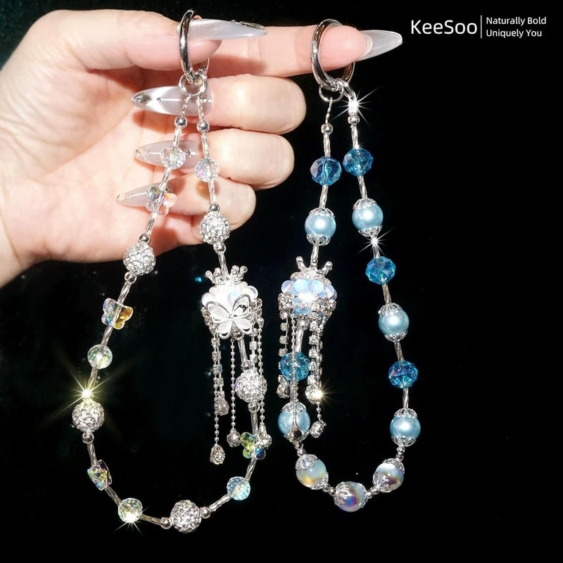 KEESOO Store سحر الهاتف بتصميم أصلي بتاج كريستالي أزرق ملكي مع 2 علامة ربط - أنيق، متين، وسلسلة هاتف بدون استخدام اليدين - متوافق مع آيفون، سامسونج، بيكسل والمزيد - Image 4